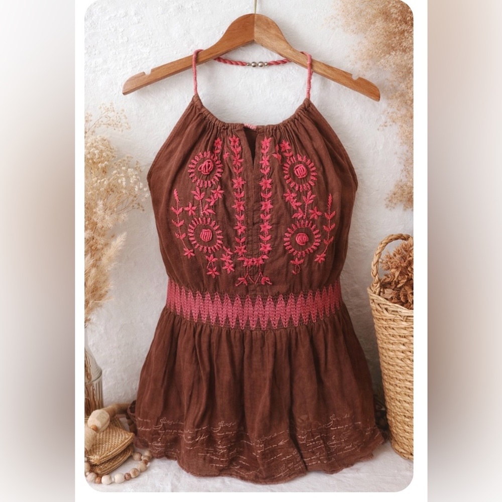 Free People Brown Halter Camisole with Pink Embroidery